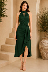 Green Halter Draped Wrap Midi Dress