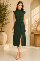 Green High Neck Knot Waist Midi Dress