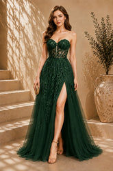 Green Lace Applique Tulle Evening Gown