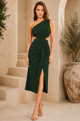 Green One Shoulder Knot Waist Midi Dress