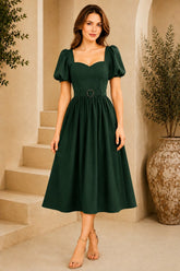Green Puff Sleeve Belted Midi Dress