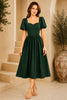 Green Puff Sleeve Belted Midi Dress