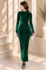 Green Velvet Ruched Long Sleeve Midi Dress