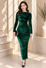 Green Velvet Ruched Long Sleeve Midi Dress
