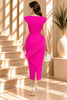 Hot Pink Feather Trim Ruched Midi Dress