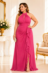 Hot Pink Halter Plus Size Evening Gown