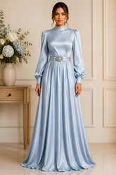 Ice Blue Satin High Neck Gown