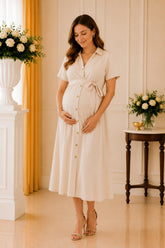 Ivory Collared Button Front Belted Midi Dress