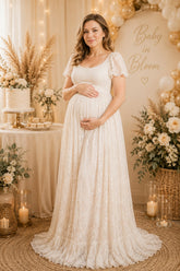 Ivory Lace Flutter Sleeve Maternity Maxi Dress