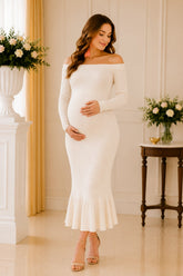 Ivory Off Shoulder Ribbed Knit Midi Dress
