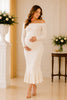 Ivory Off Shoulder Ribbed Knit Midi Dress