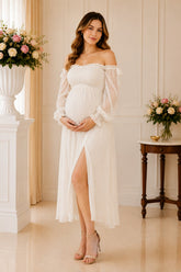 Ivory Off-Shoulder Swiss Dot Midi Dress