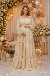 Ivory Off Shoulder Tiered Maternity Maxi Dress