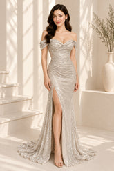 Ivory Sequin Off-Shoulder Mermaid Evening Gown