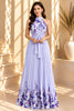 Lavender Floral Pleated Halter Maxi Dress