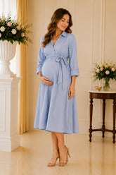 Light Blue Belted Collared Midi Dress
