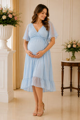 Light Blue Flutter Sleeve Swiss Dot Midi Dress
