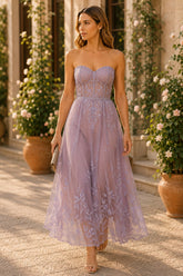 Lilac Whisper Embroidered Tulle Midi Dress