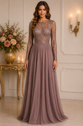 Mauve Embroidered Tulle Evening Gown