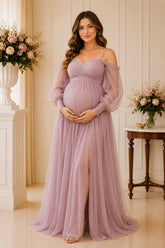 Mauve Off-Shoulder Tulle Maxi Gown