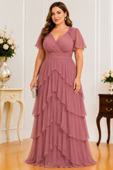 Mauve Tiered Ruffle Chiffon Plus Size Maxi Dress