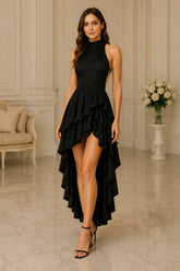 Midnight Cascade High Low Ruffle Dress