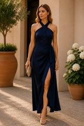 Midnight Elegance Cross Halter Maxi Dress