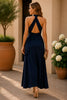 Midnight Elegance Cross Halter Maxi Dress