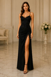 Midnight Lace Ruched Slit Maxi Gown