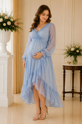 Misty Blue Swiss Dot Ruffle High-Low Dress