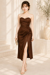 Mocha Luxe Satin Elegance Midi Dress
