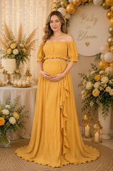 Mustard Off Shoulder Ruffle Maternity Maxi Dress