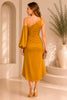 Mustard One Shoulder Ruched Sleeve Dress