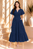 Navy Blue Brick Short Sleeve Tiered Midi Dress