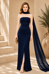 Navy Blue Cape Column Evening Gown