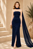 Navy Blue Cape Column Evening Gown