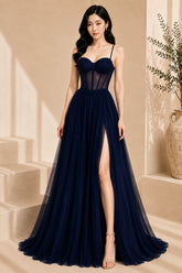 Navy Blue Corset Tulle High Slit Evening Gown