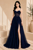 Navy Blue Corset Tulle High Slit Evening Gown