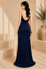 Navy Blue Cowl Neck High Slit Evening Gown Back