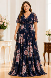Navy Blue Floral Chiffon Plus Size Maxi Dress