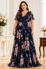 Navy Blue Floral Chiffon Plus Size Maxi Dress