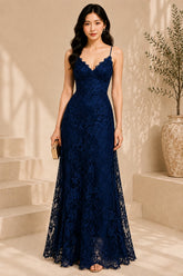 Navy Blue Floral Lace Evening Gown