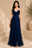 Navy Blue Floral Lace Evening Gown