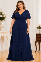 Navy Blue Flutter Sleeve Ruffle Front Plus Size Maxi Dress