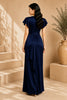 Navy Blue Flutter Sleeve Wrap Evening Gown