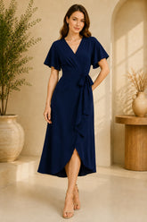 Navy Blue Flutter Sleeve Wrap Midi Dress