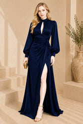 Navy Blue Keyhole Balloon Sleeve Evening Gown
