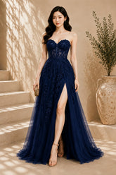 Navy Blue Lace Applique High Slit Tulle Evening Gown