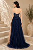 Navy Blue Lace Applique High Slit Tulle Evening Gown