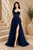 Navy Blue Lace Applique High Slit Tulle Evening Gown